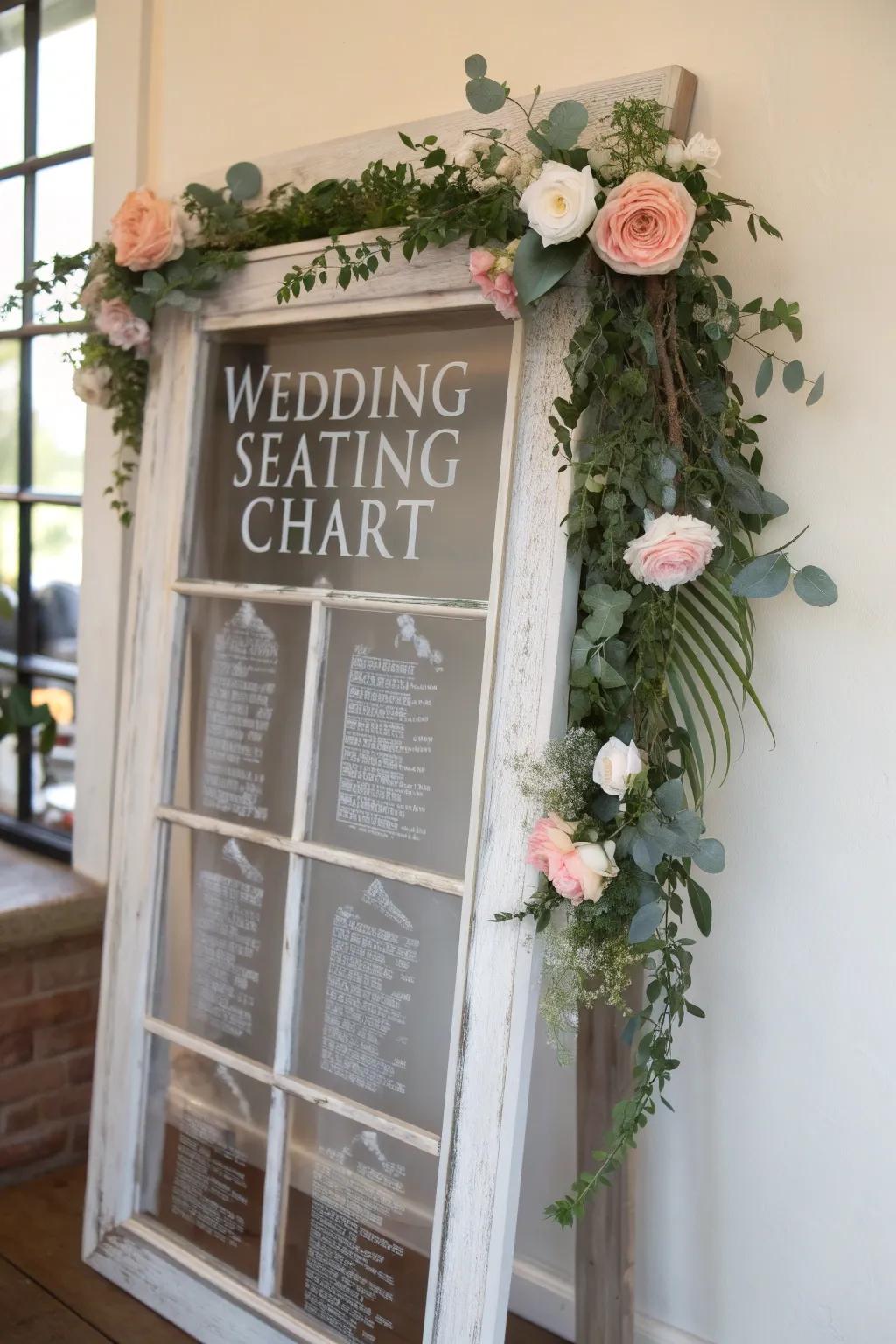 Create a charming and inviting entrance with this unique seating chart idea, blending vintage elegance with natural beauty.