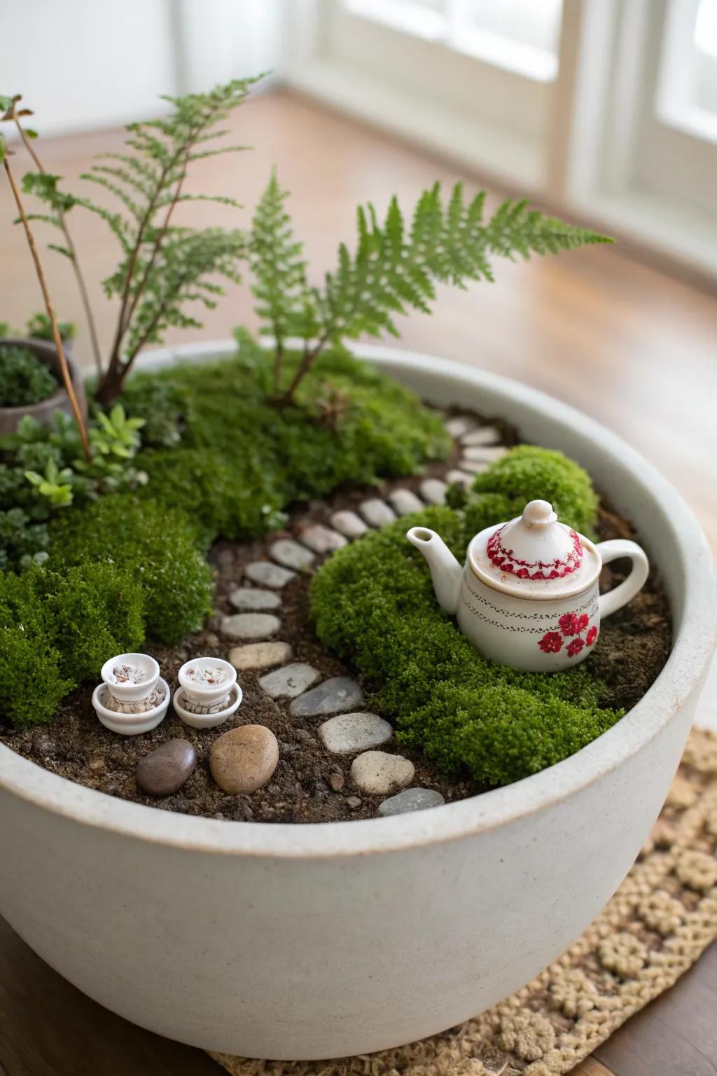 Enchant your space with a minimalist fairy garden pot - where simplicity meets whimsy in a tiny enchanted tea party.