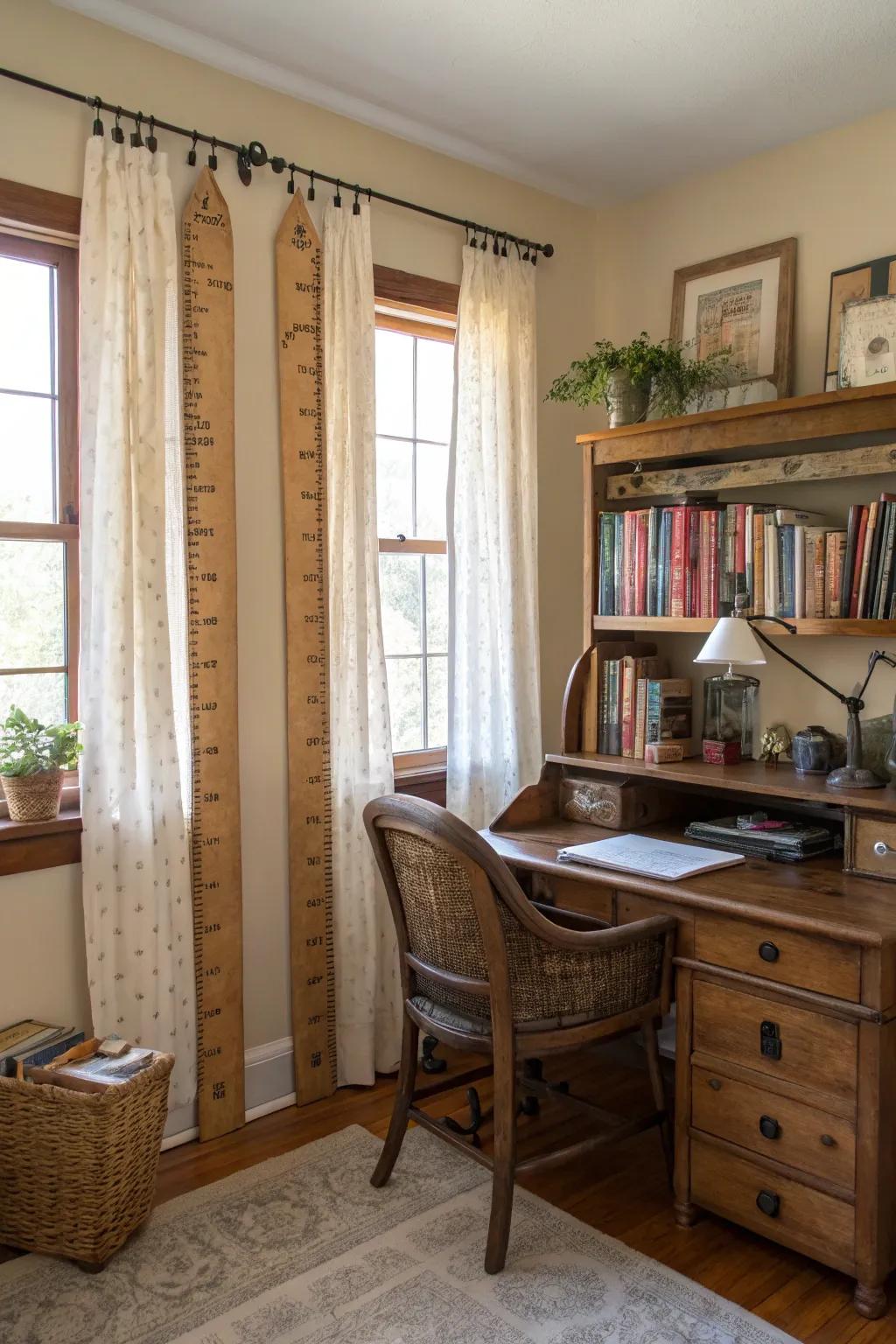 Vintage yardsticks offer a quirky and charming curtain hanging solution.