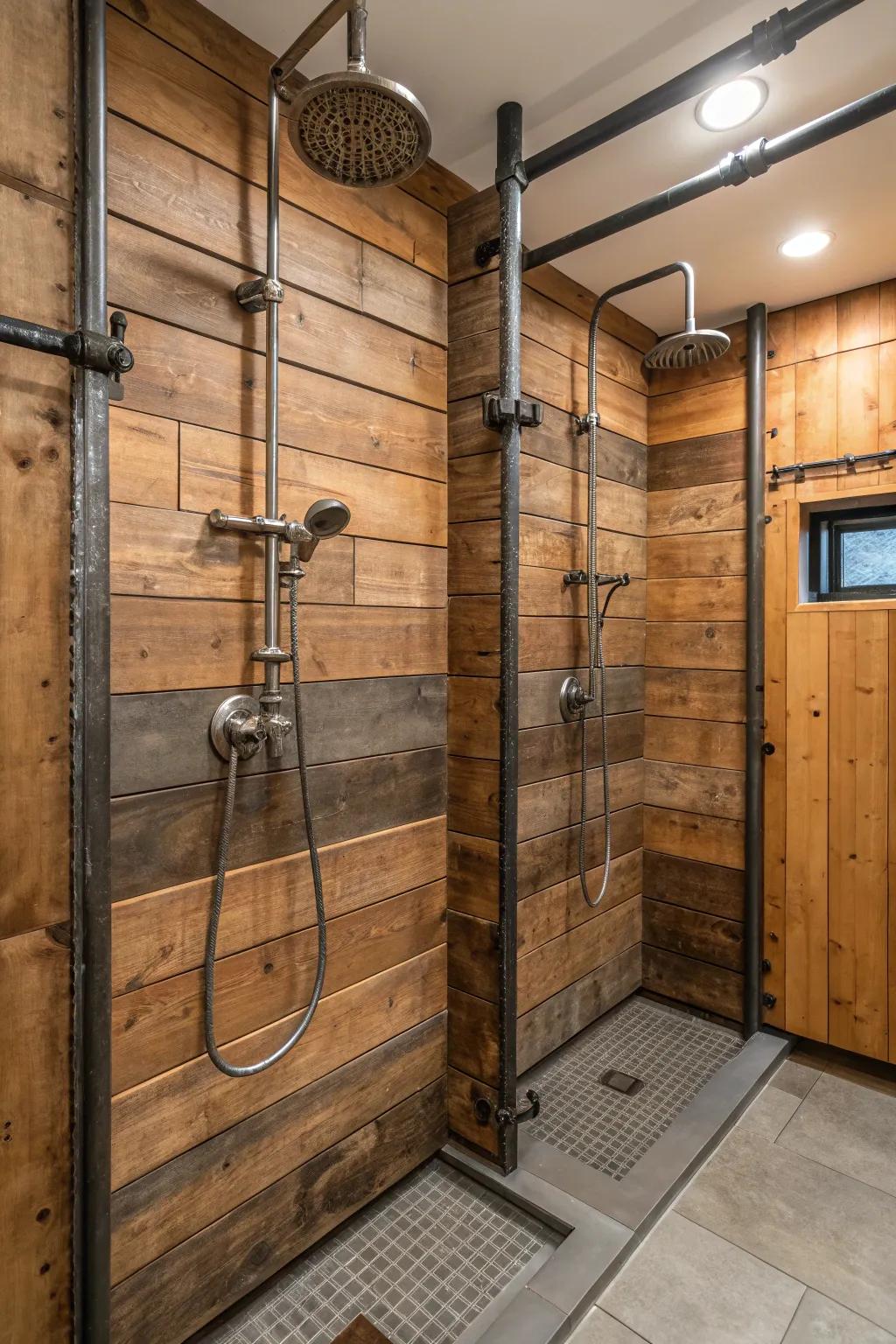 Rustic wood and metal fixtures add industrial charm to a double shower.