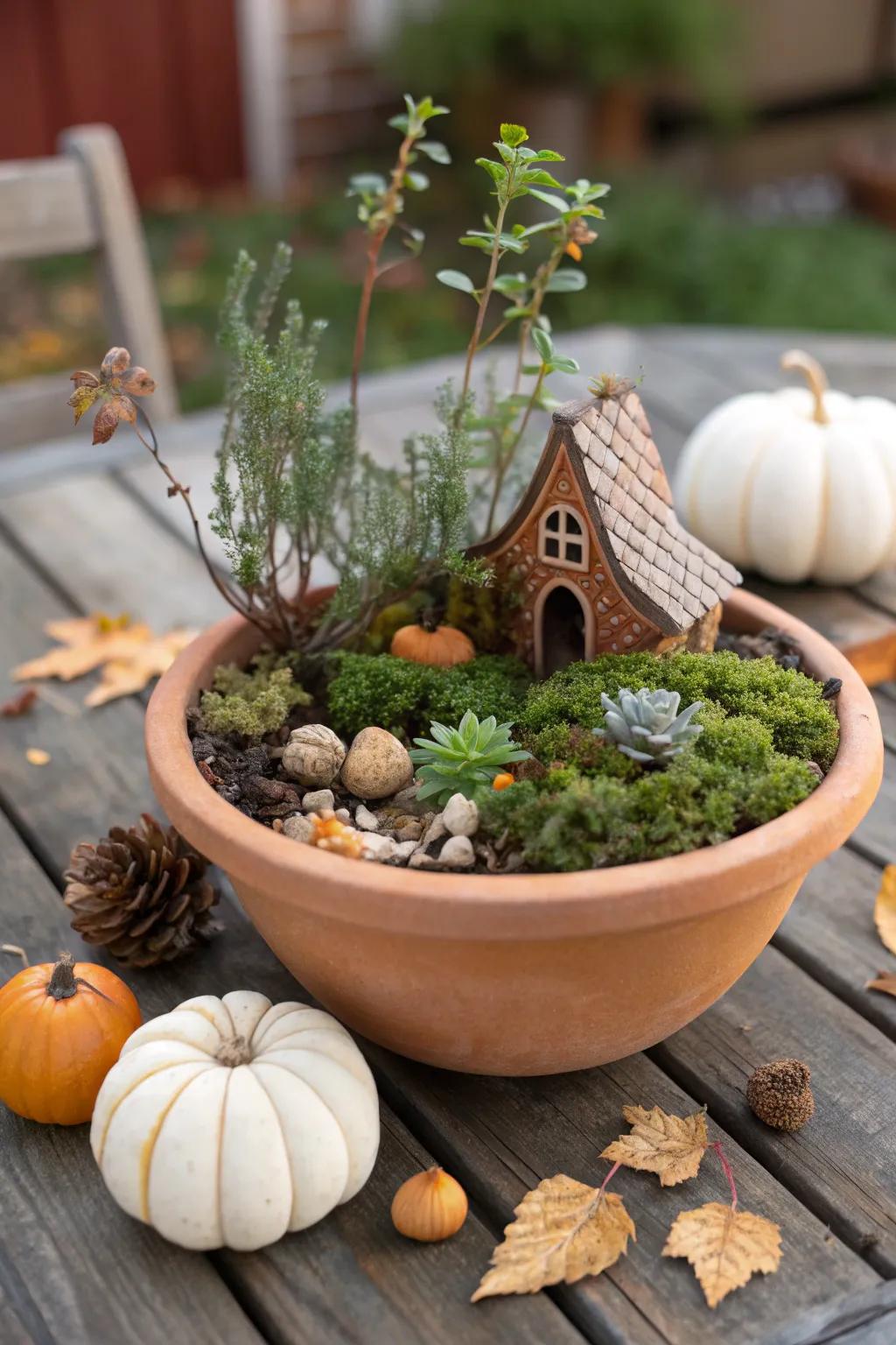 Embrace autumn with a charming seasonal fairy garden in a pot, perfect for adding a whimsical touch to your home decor.