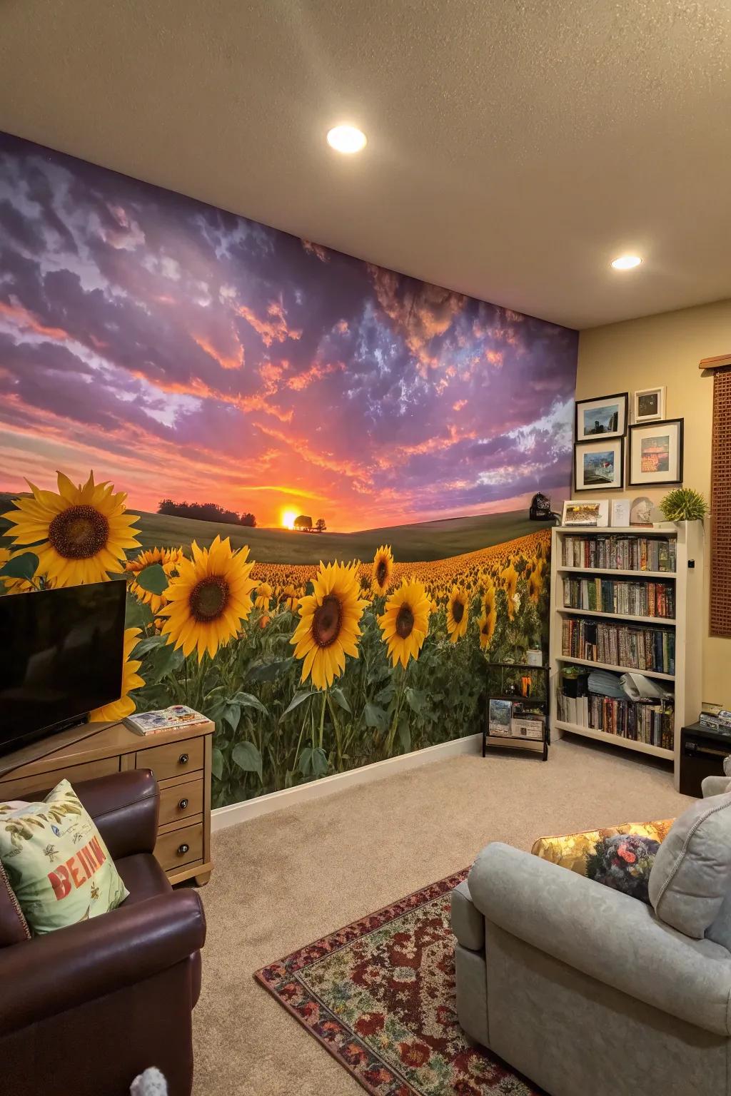 Bring the warmth of summer into your home with a sunflower field mural.