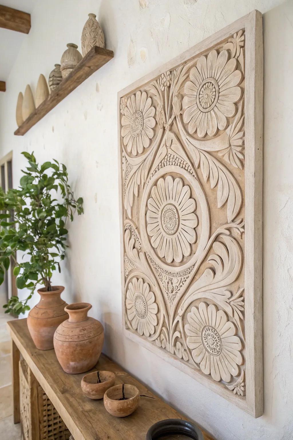 Transform your living room with vintage charm: a handcrafted clay mural that whispers stories of the past.