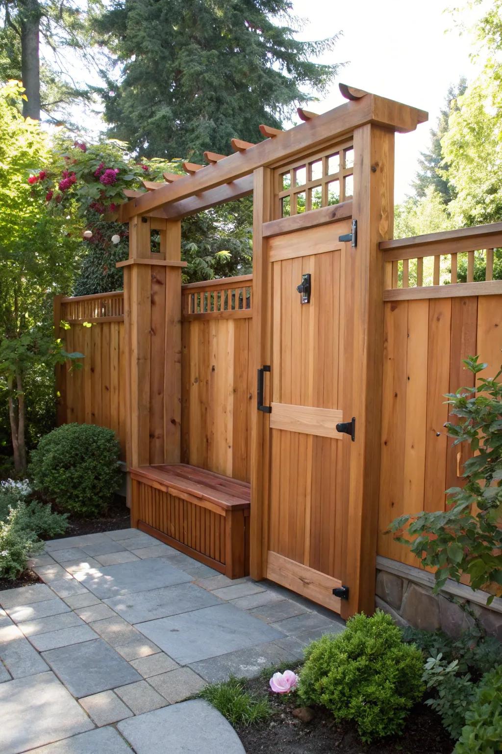 Relax in style with this cedar gate featuring an integrated benchâwhere functionality meets elegance in your garden.
