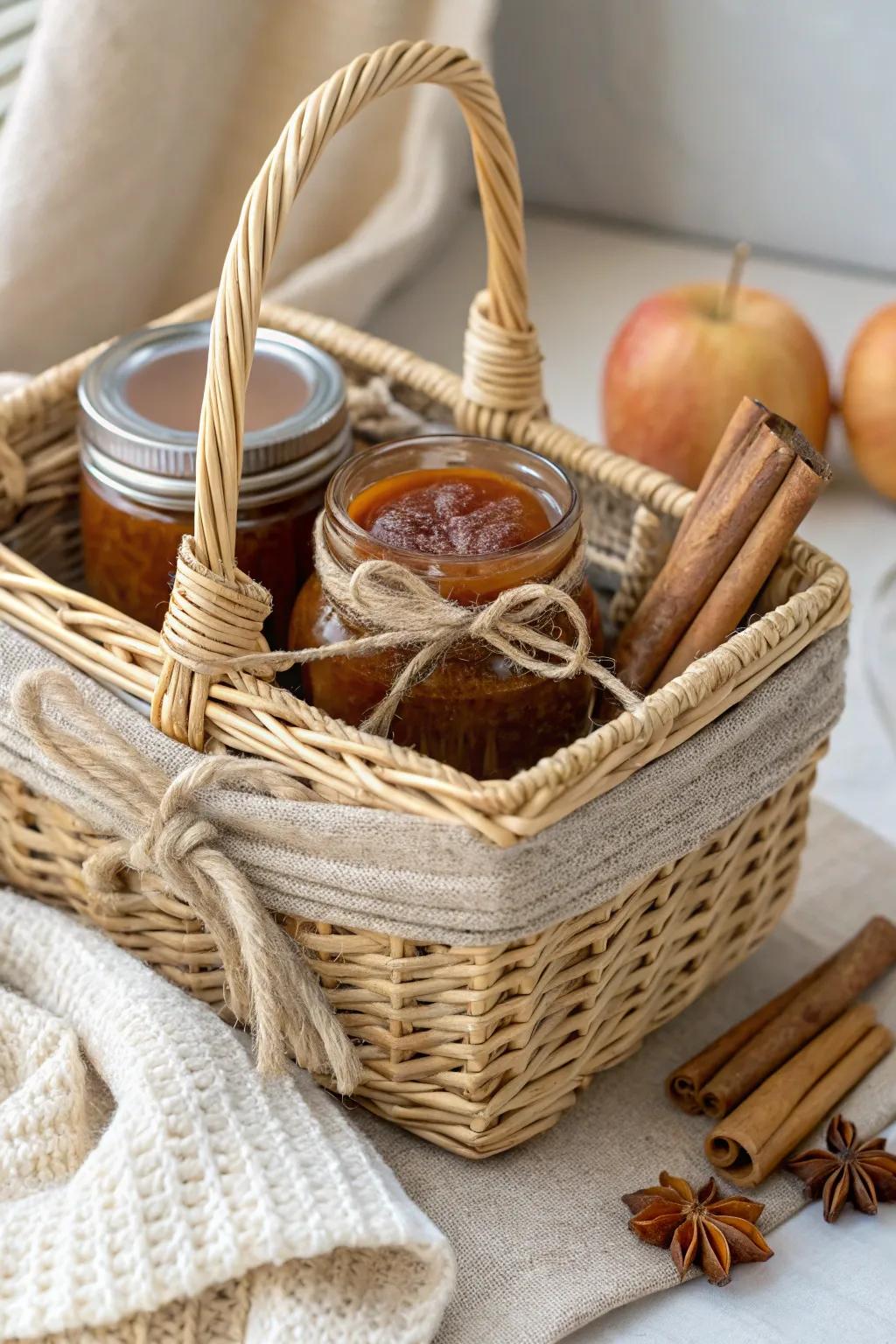 Embrace the season's warmth with our artfully curated jam gift basket, a perfect blend of simplicity and natural elegance.