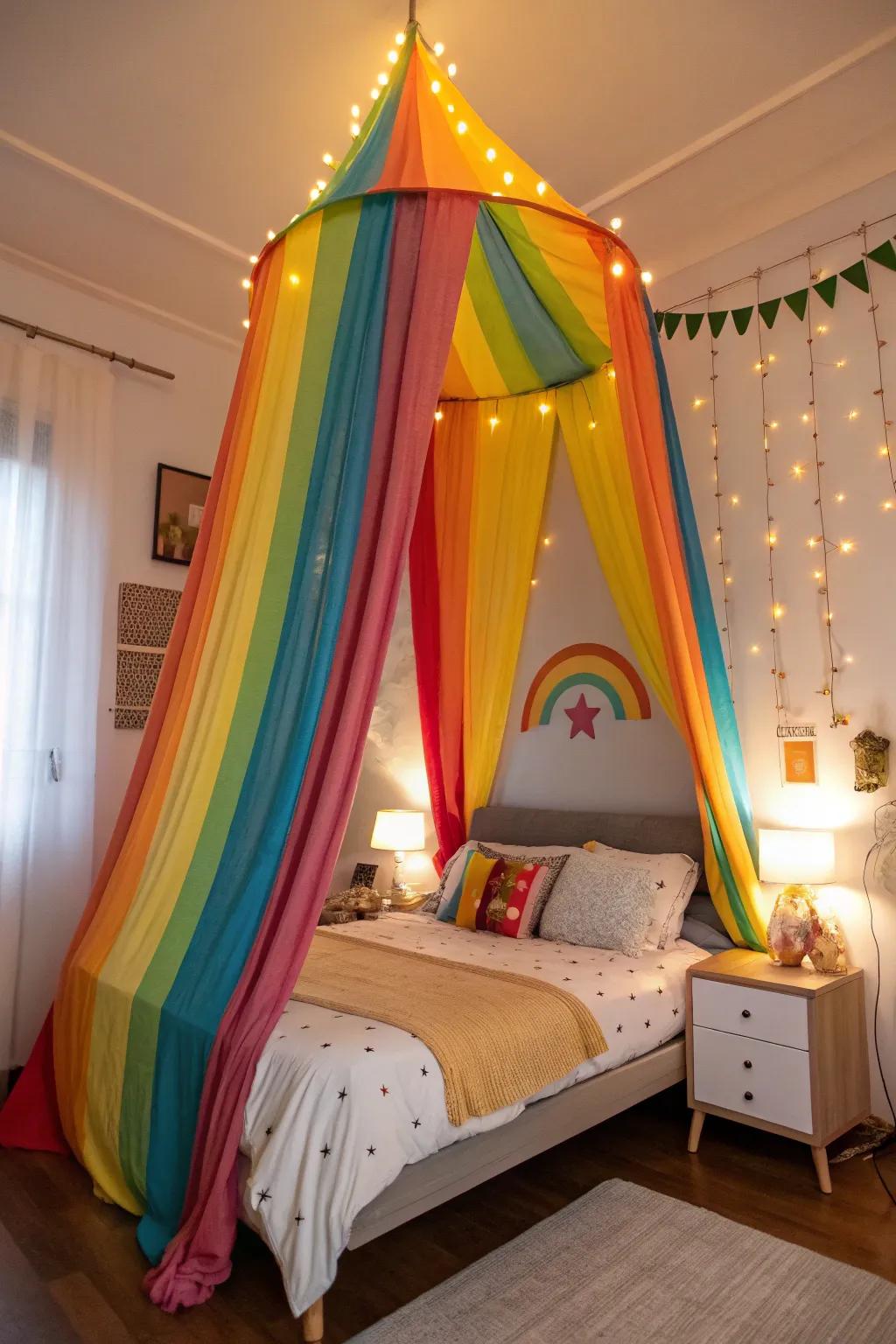 A rainbow canopy creates a magical retreat.