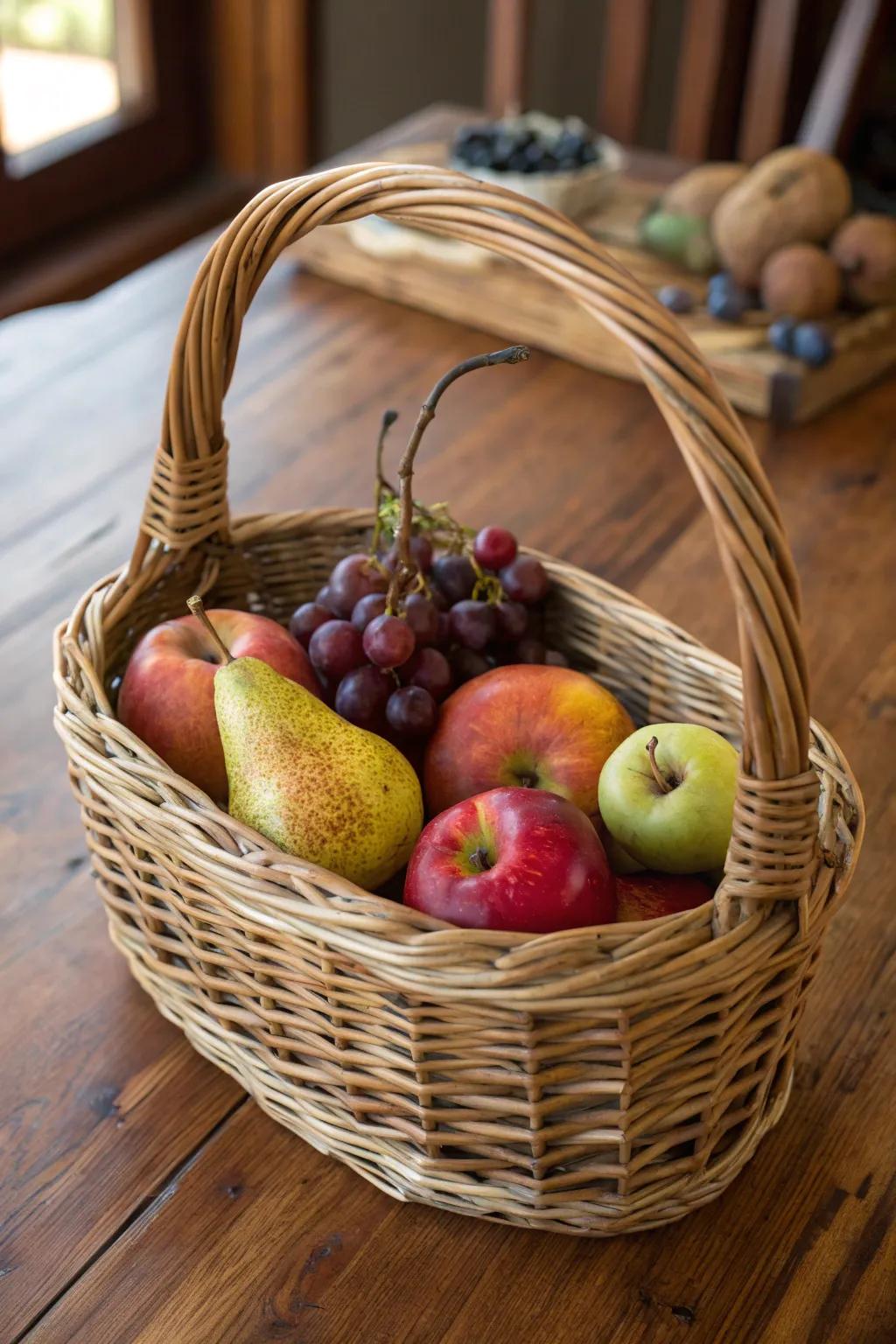 Wicker fruit baskets adding rustic charm and warmth.