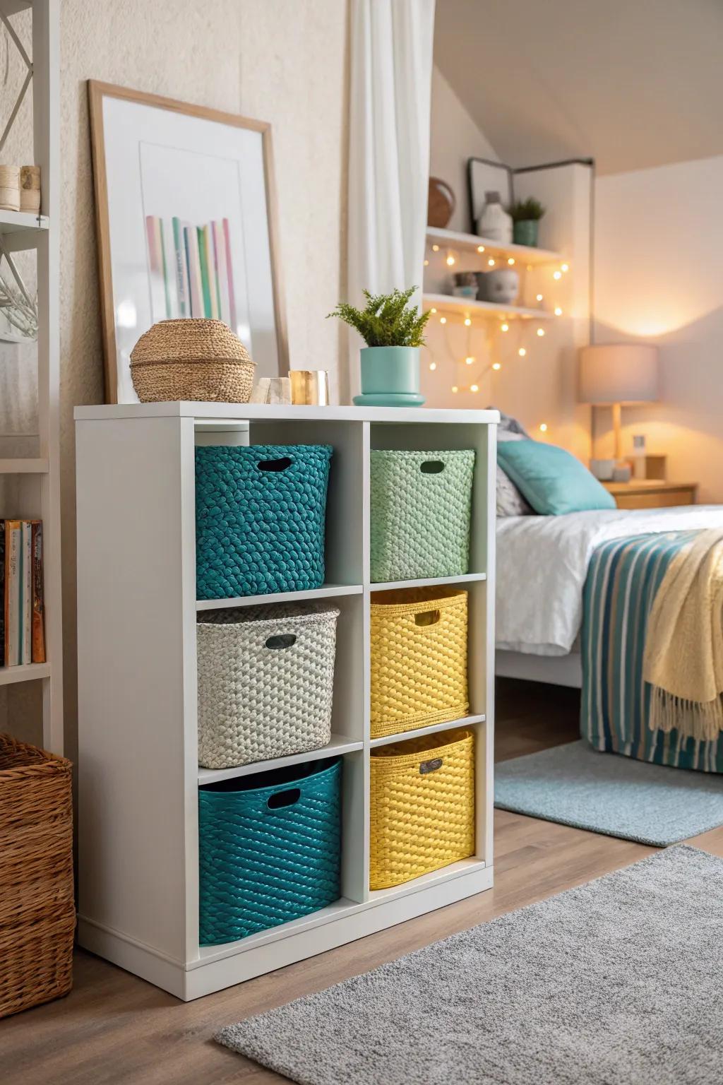 Add vibrancy to your storage with colorful baskets.
