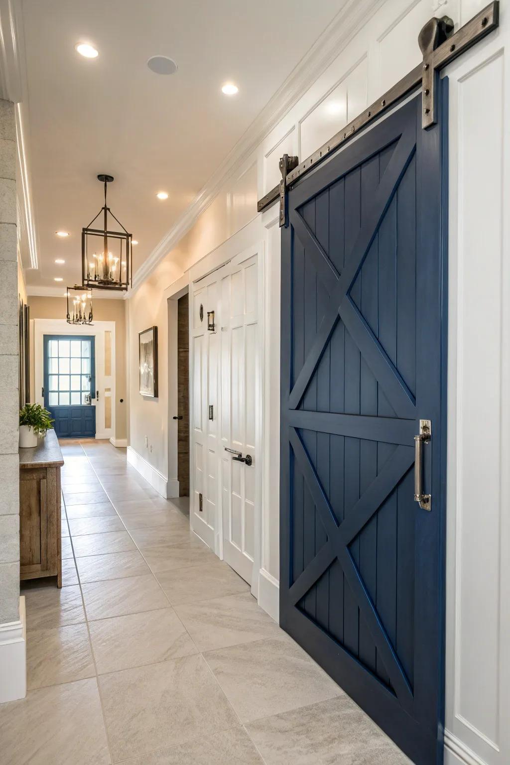 Navy blue barn doors add sophistication and calm.