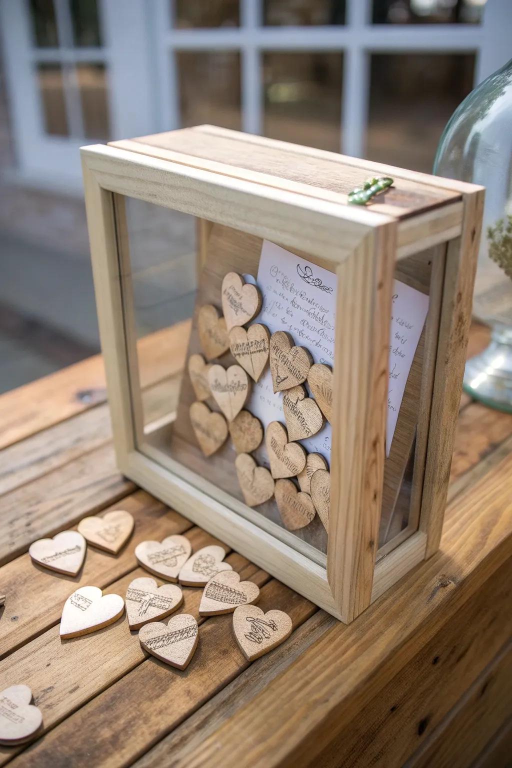 Capture heartfelt memories with a handcrafted wooden heart drop box, the perfect blend of simplicity and elegance for your special day.