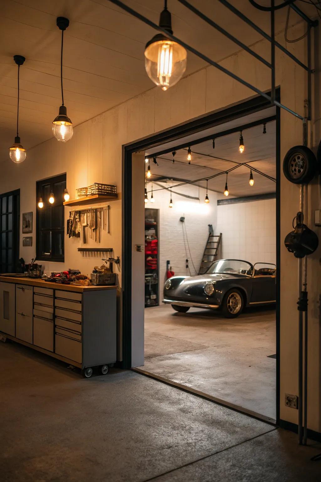 Warm lighting fixtures enhance the cozy atmosphere of a rustic garage.