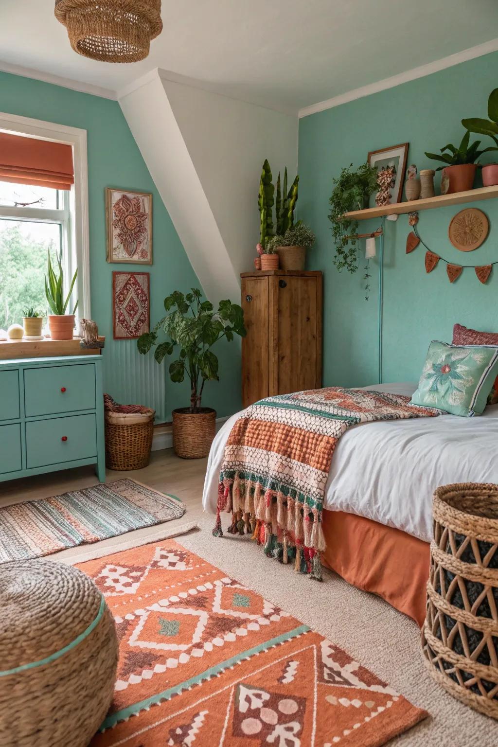 Unexpected color combinations create a vibrant, cohesive decor.