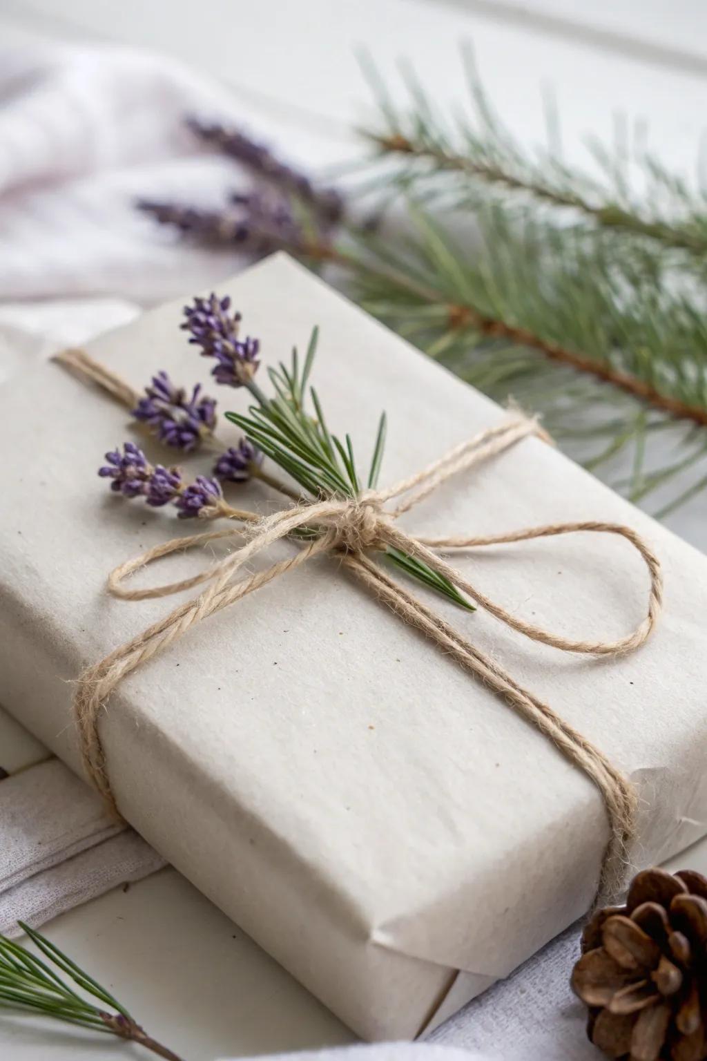 Embrace the beauty of nature with this rustic and elegant gift wrap idea.