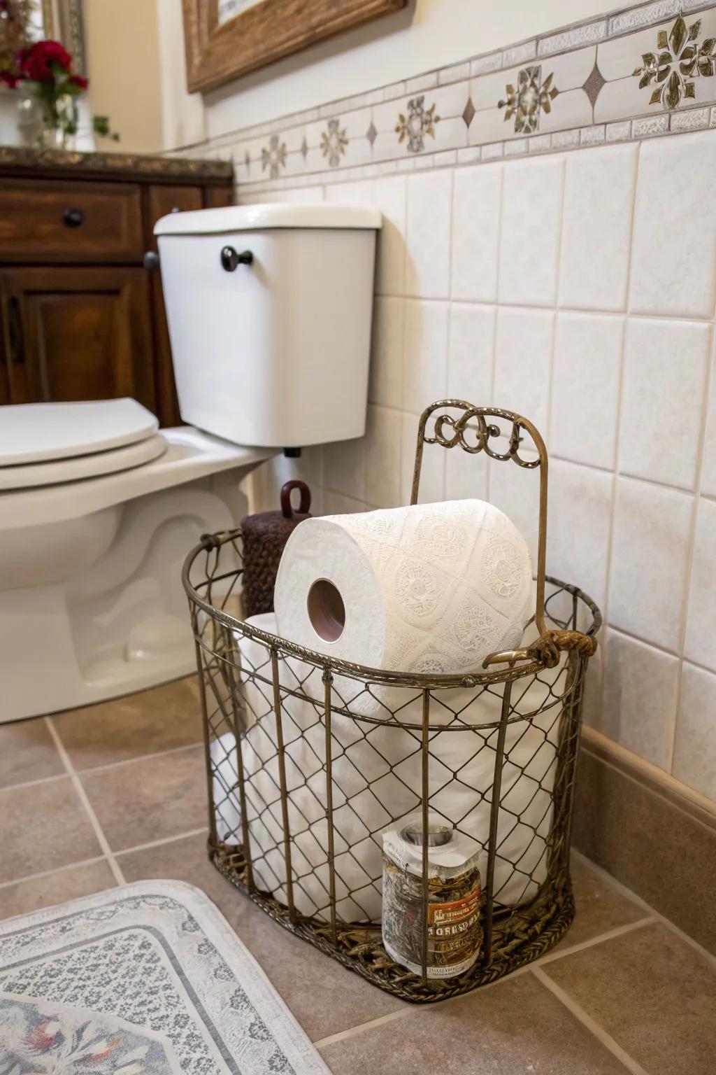 Vintage baskets bring both functionality and charm to your bathroom.