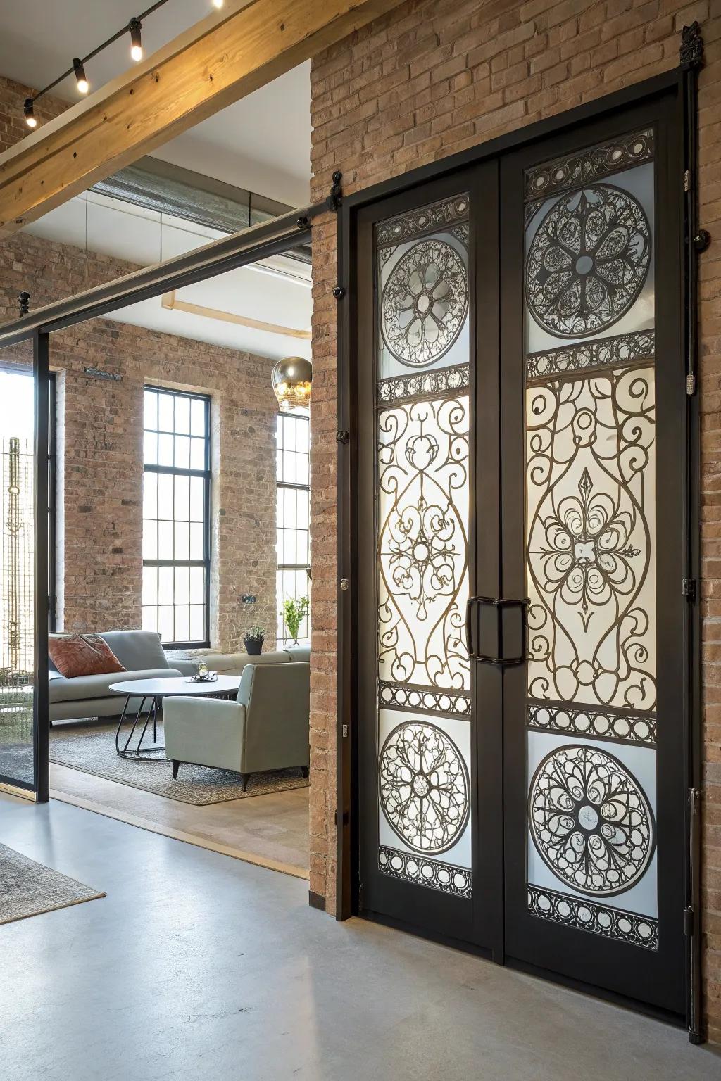 Patterned glass doors turn functional elements into works of art in lofts.