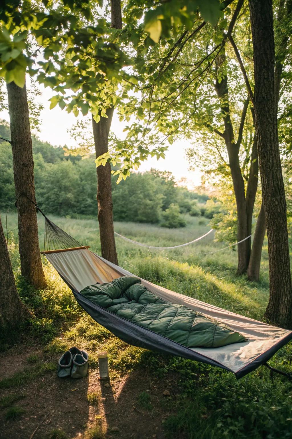 A portable hammock, perfect for adventurous souls seeking a unique camping experience.
