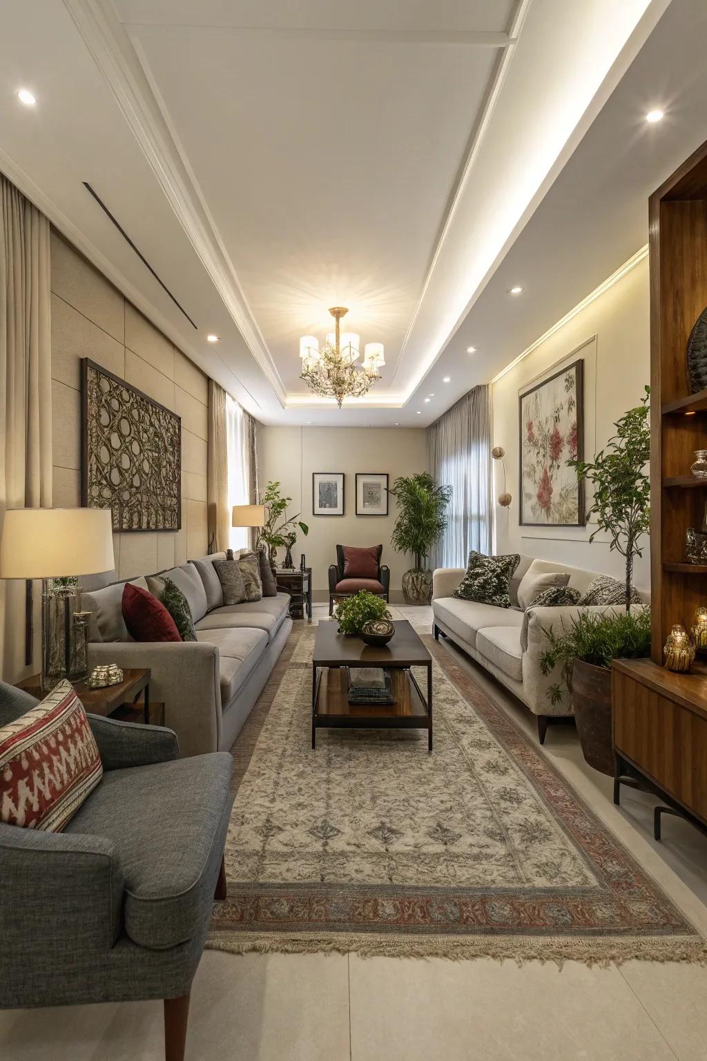 Divide a long space into two inviting seating areas for versatility and charm.