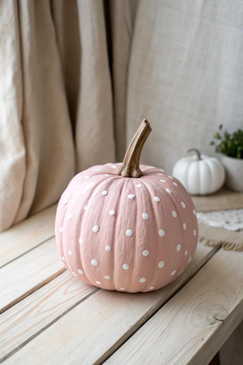 Embrace playful elegance with this polka dot pumpkin masterpiece, perfect for adding a touch of whimsy to your autumn decor.