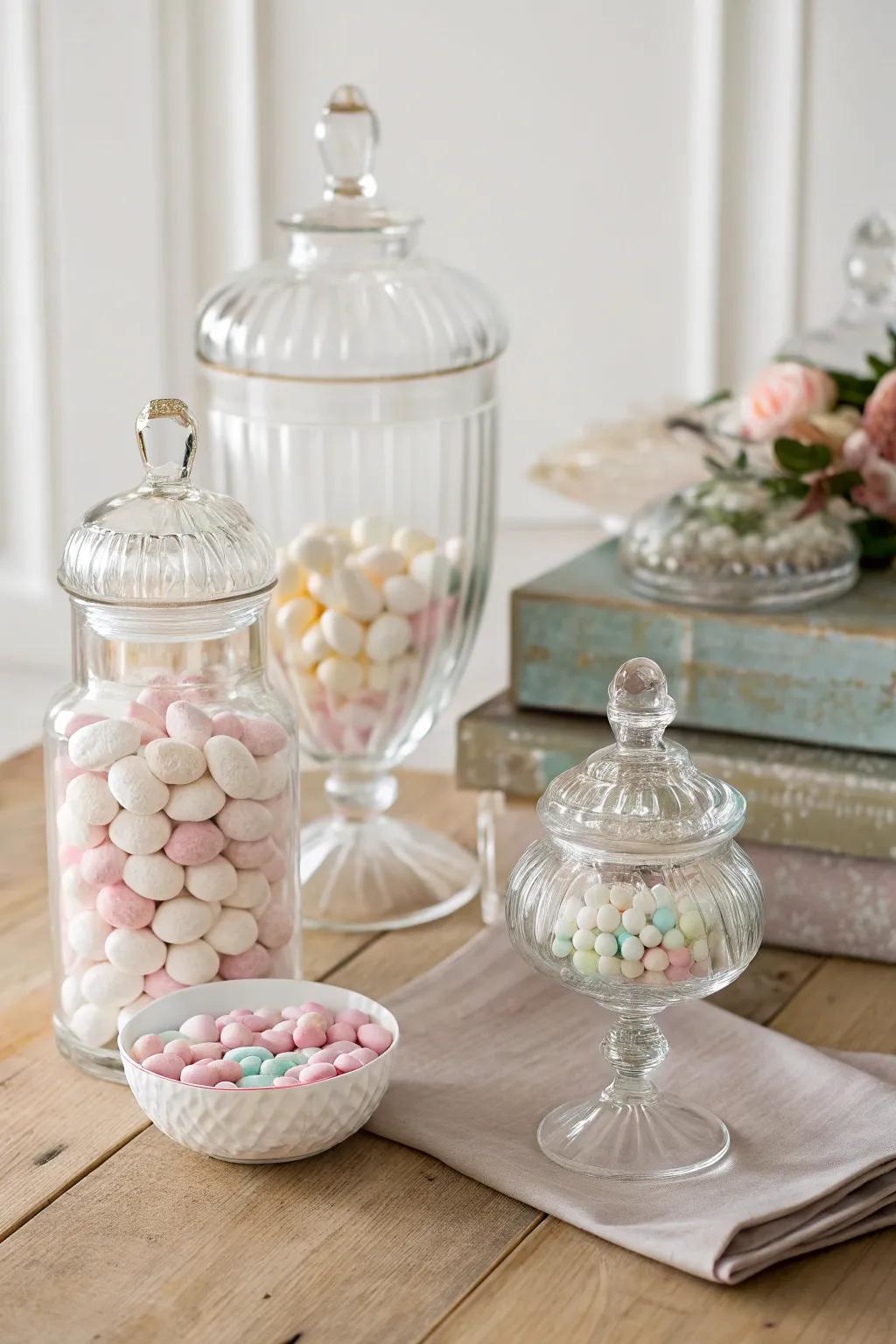 Elevate your wedding candy display with elegant glass jars and a touch of Scandinavian simplicity.