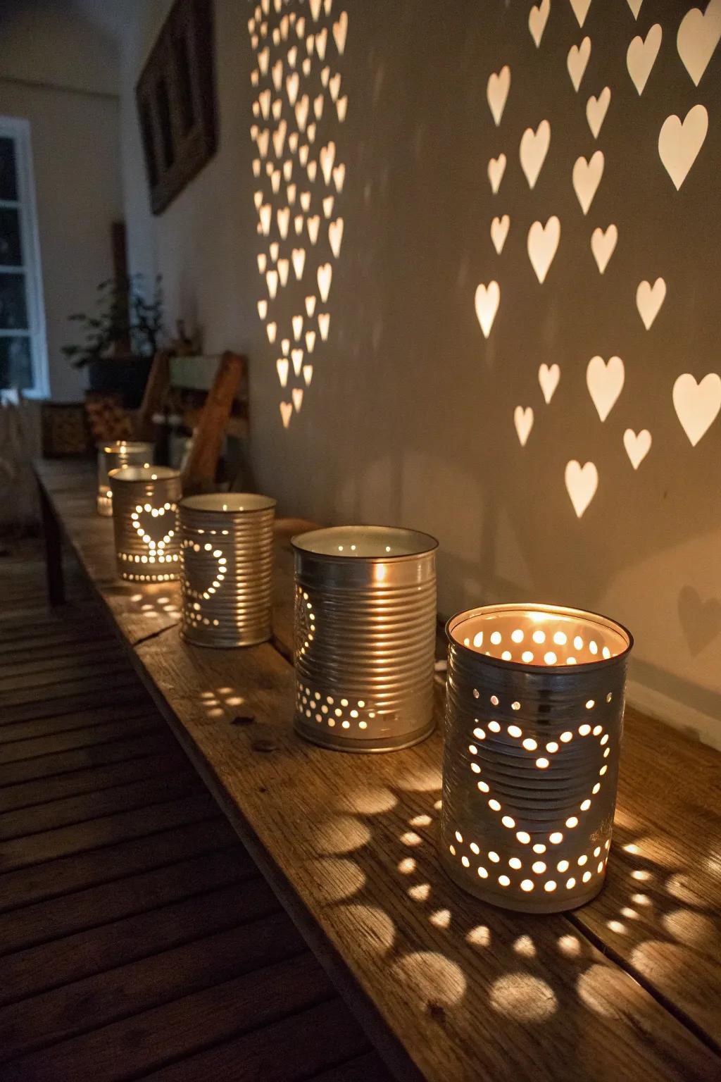 Heart-cutout lanterns casting enchanting shadows.