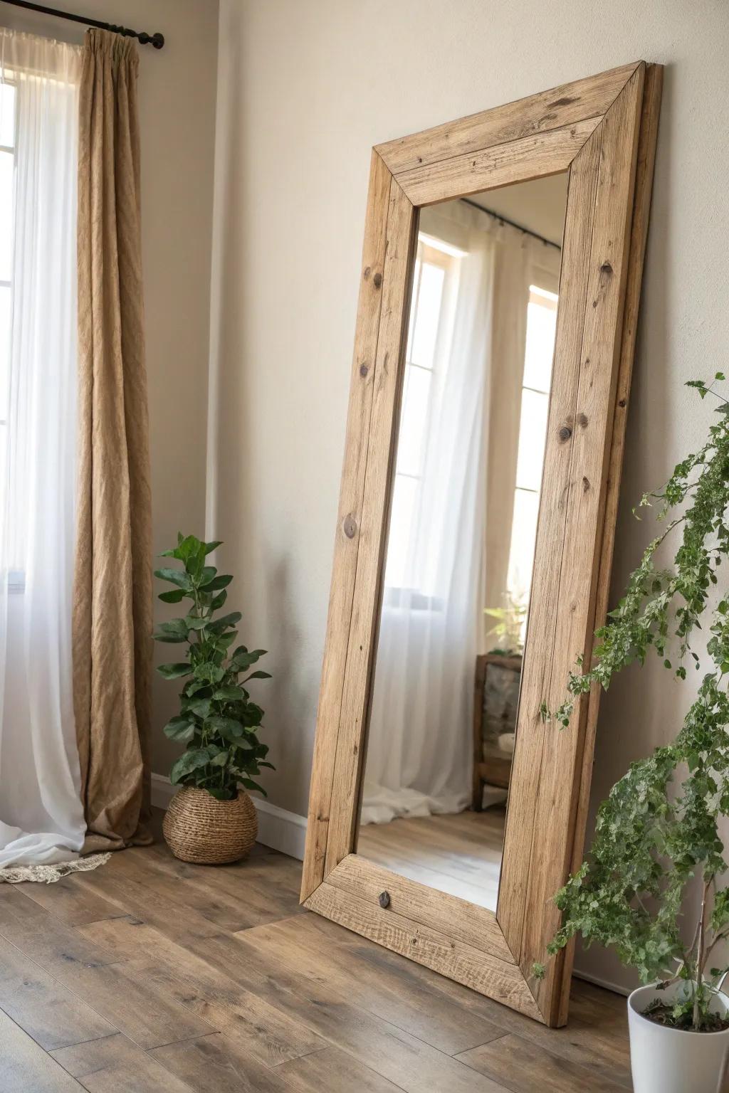 Transform your space with a rustic, eco-friendly pallet wood mirror frame that combines minimalist elegance with bohemian charm.