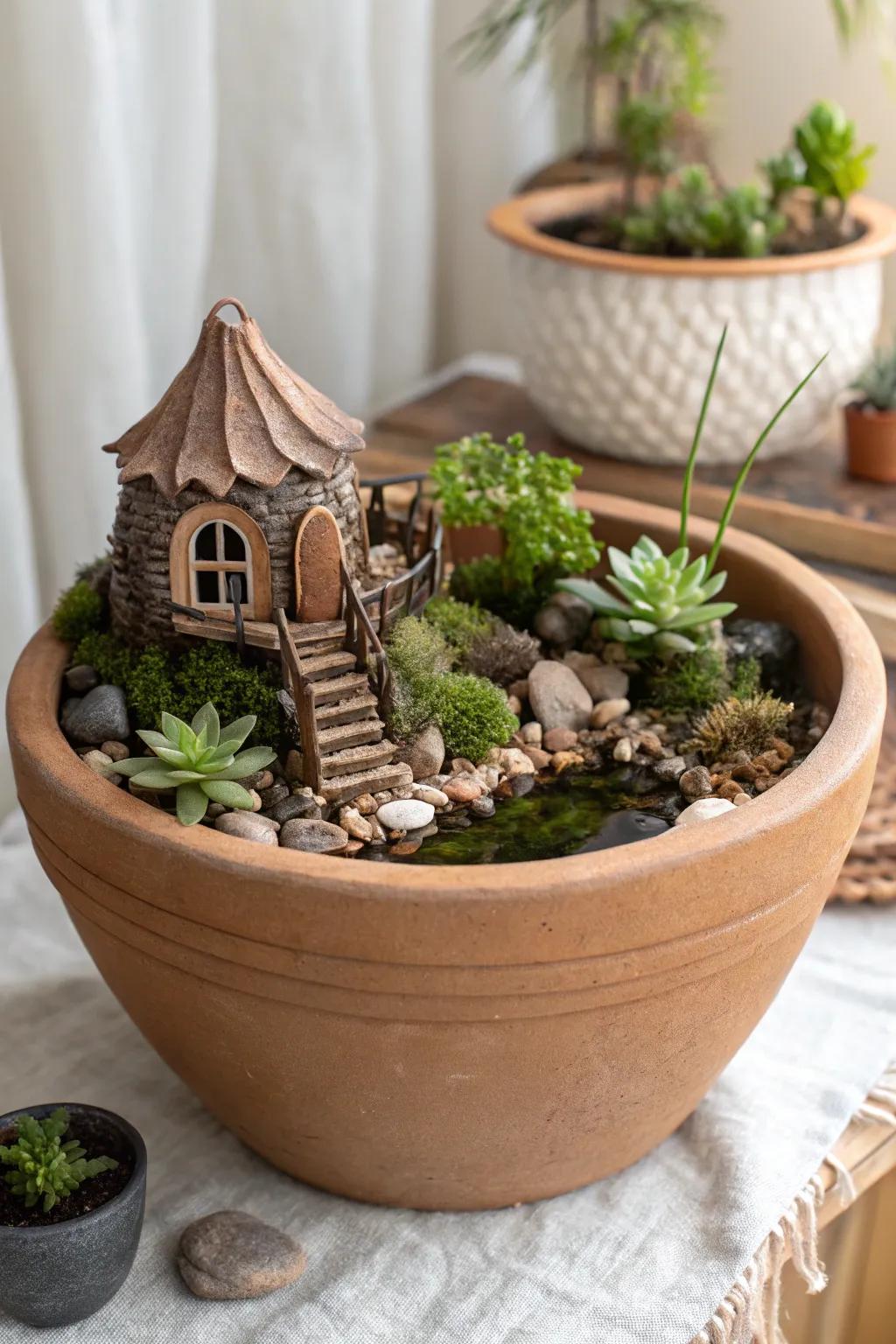 Step into a whimsical world with this enchanting miniature fairy garden, where simplicity meets magic in every handcrafted detail.