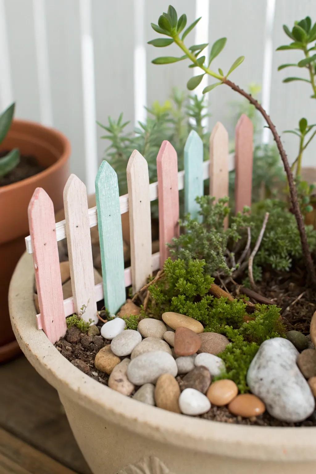 Craft a whimsical touch with a miniature popsicle stick fence in your fairy garden pot.