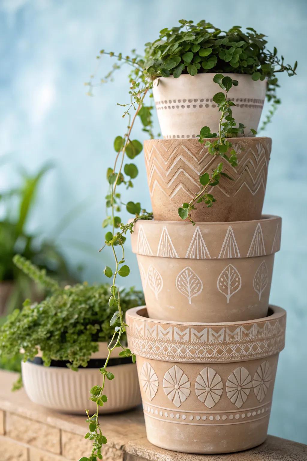 Elevate your garden space with a chic vertical clay pot towerâwhere simplicity meets natural beauty.