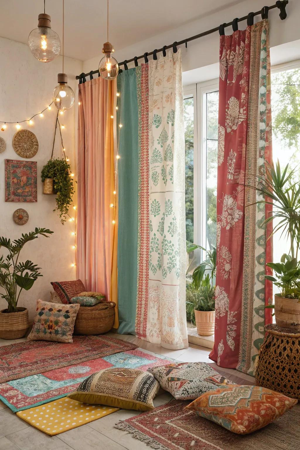 Bohemian curtains crafted from unique fabrics add vibrant charm.
