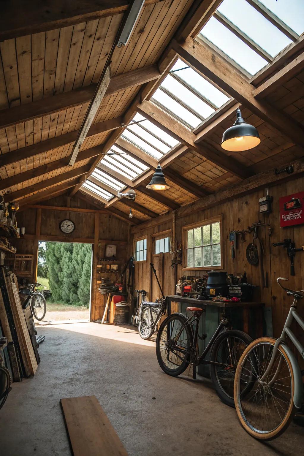 Skylights bring natural light into a rustic garage.