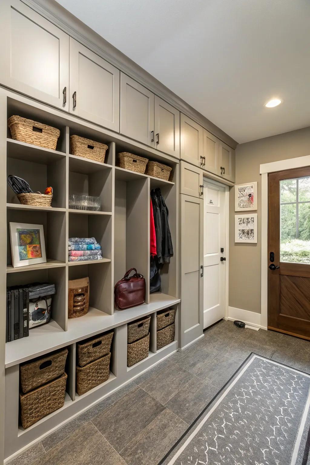Vertical storage maximizes space in this mudroom.