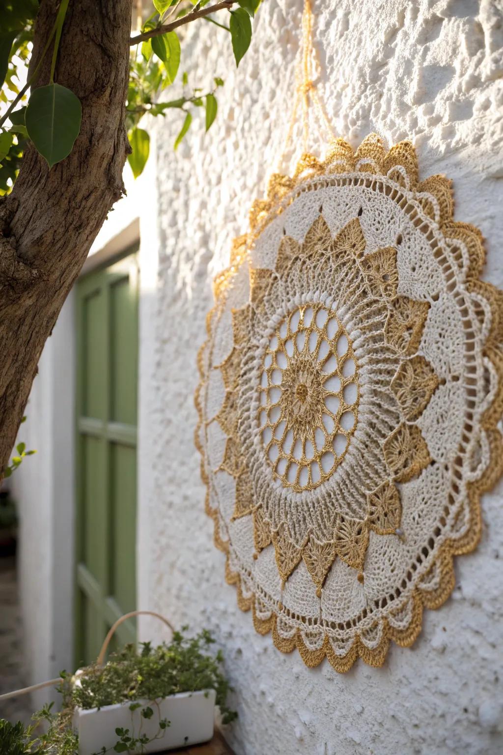 Transform your space with the elegance of metallic-accented doily art.