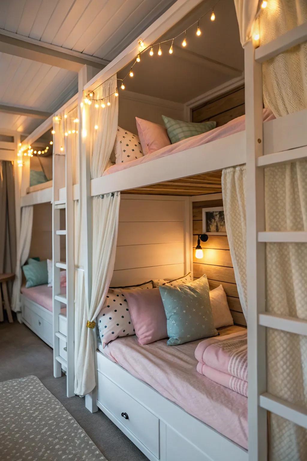 A cozy nook within the quad bunk beds offers a serene escape for relaxation.