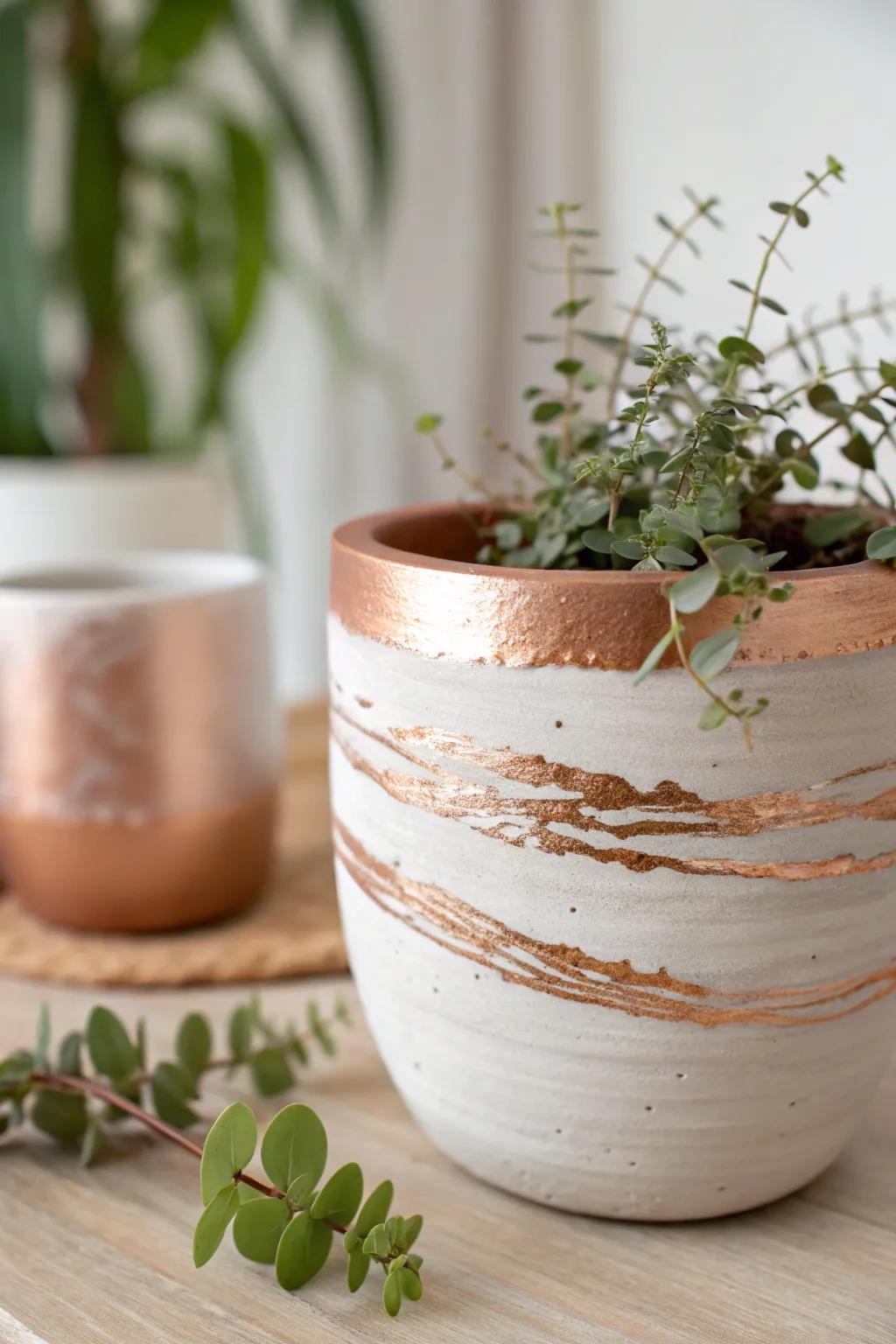 Elevate your space with the earthy elegance of copper-accented clay planters.