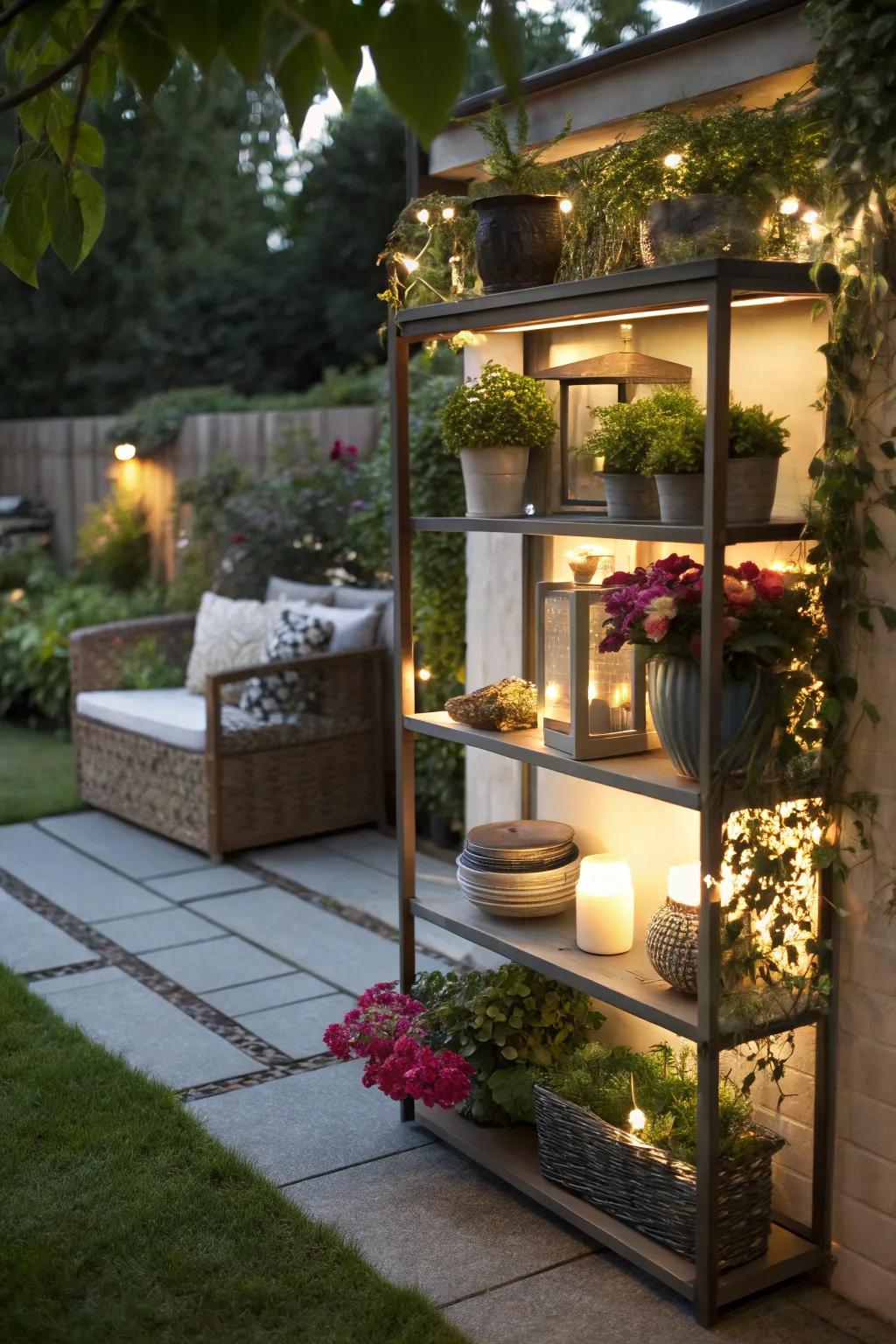 Outdoor shelves with built-in lighting illuminate plants and decor, creating a magical evening ambiance.