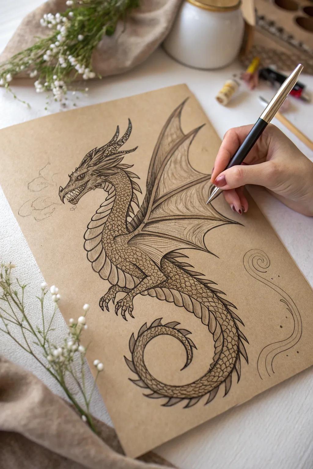 Envision the mystery of mythical realms with this elegantly crafted dragon sketch, a perfect blend of minimalist beauty and boho charm.