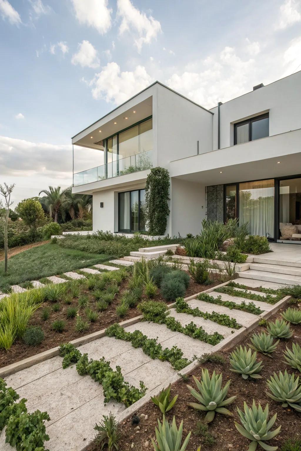 Minimalist landscaping that enhances the beauty of the duplex exterior.