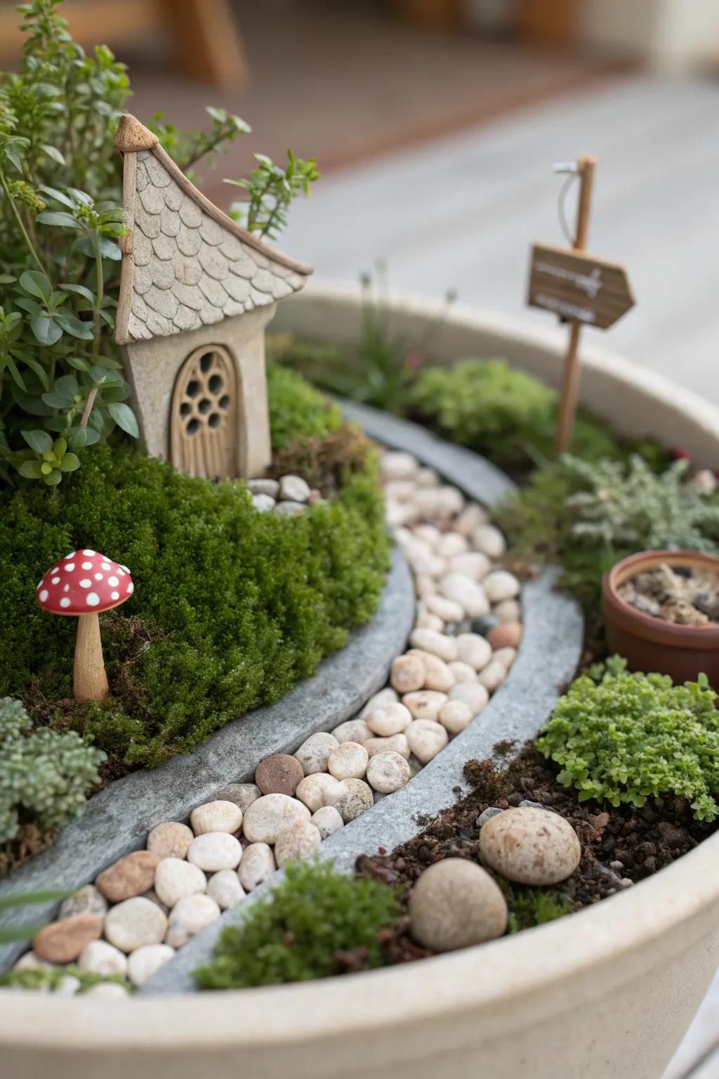 Discover the enchanting allure of miniature worlds with this serene fairy garden pathway.