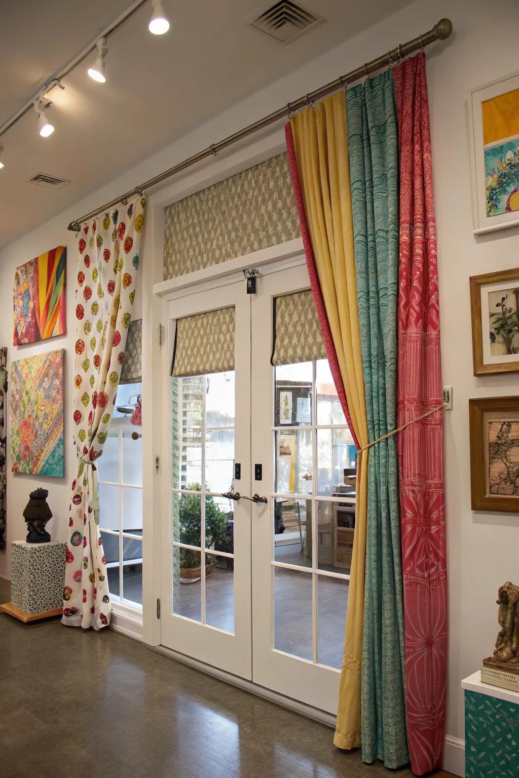 Mix and match window treatments creating a unique look on French doors.