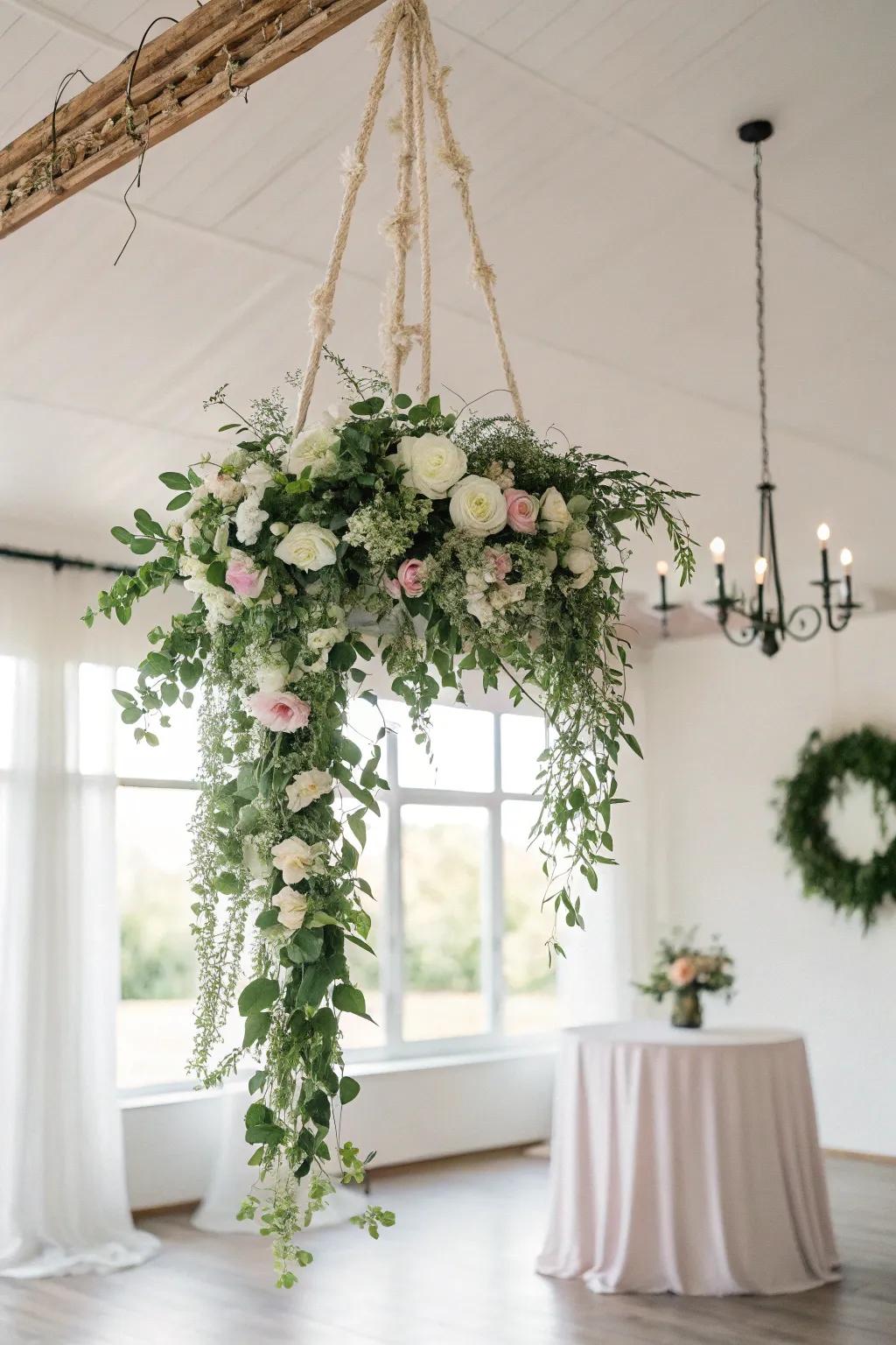 Elevate your wedding decor with breathtaking hanging floral installationsâwhere simplicity meets natural beauty.
