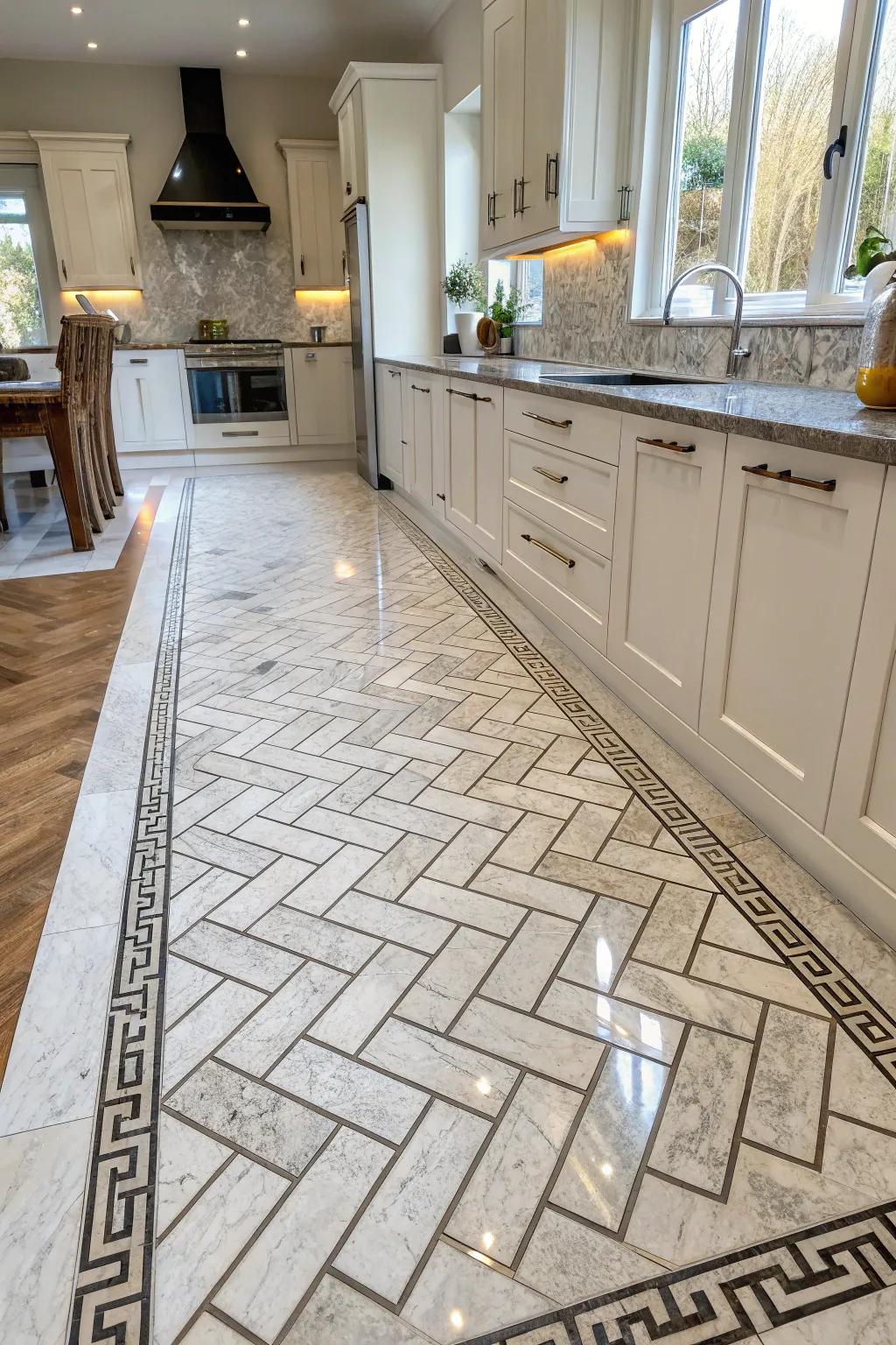 An artistic kitchen floor with a herringbone pattern in polished marble.