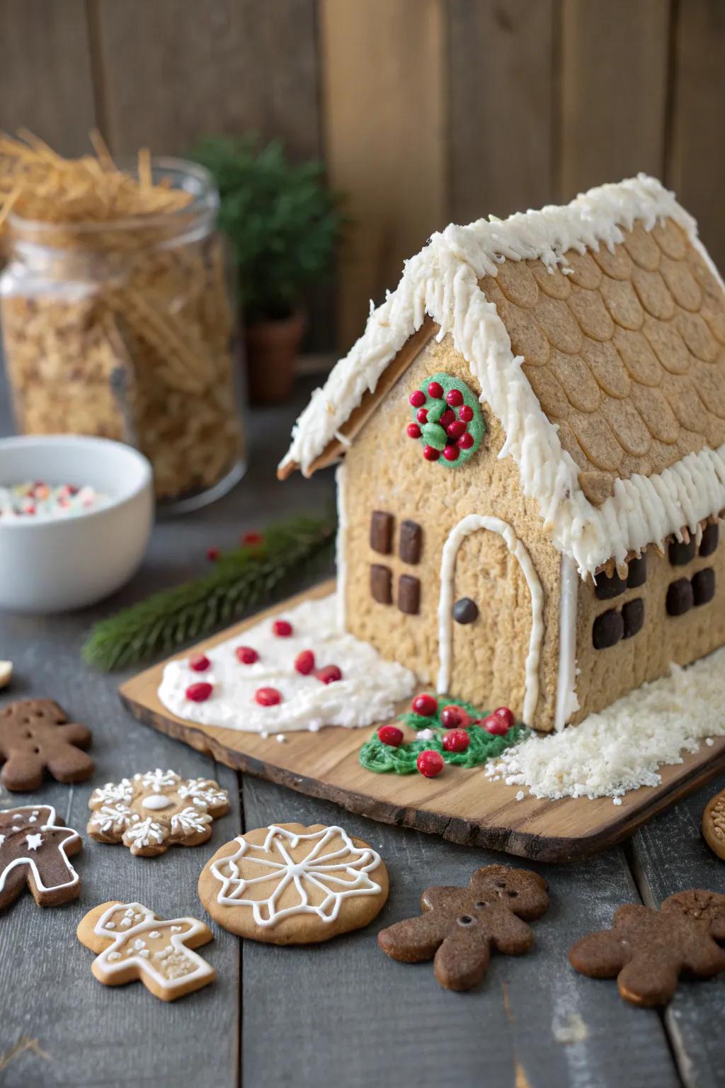 A charming gingerbread farmhouse complete with a thatched roof and adorable animal cookies.