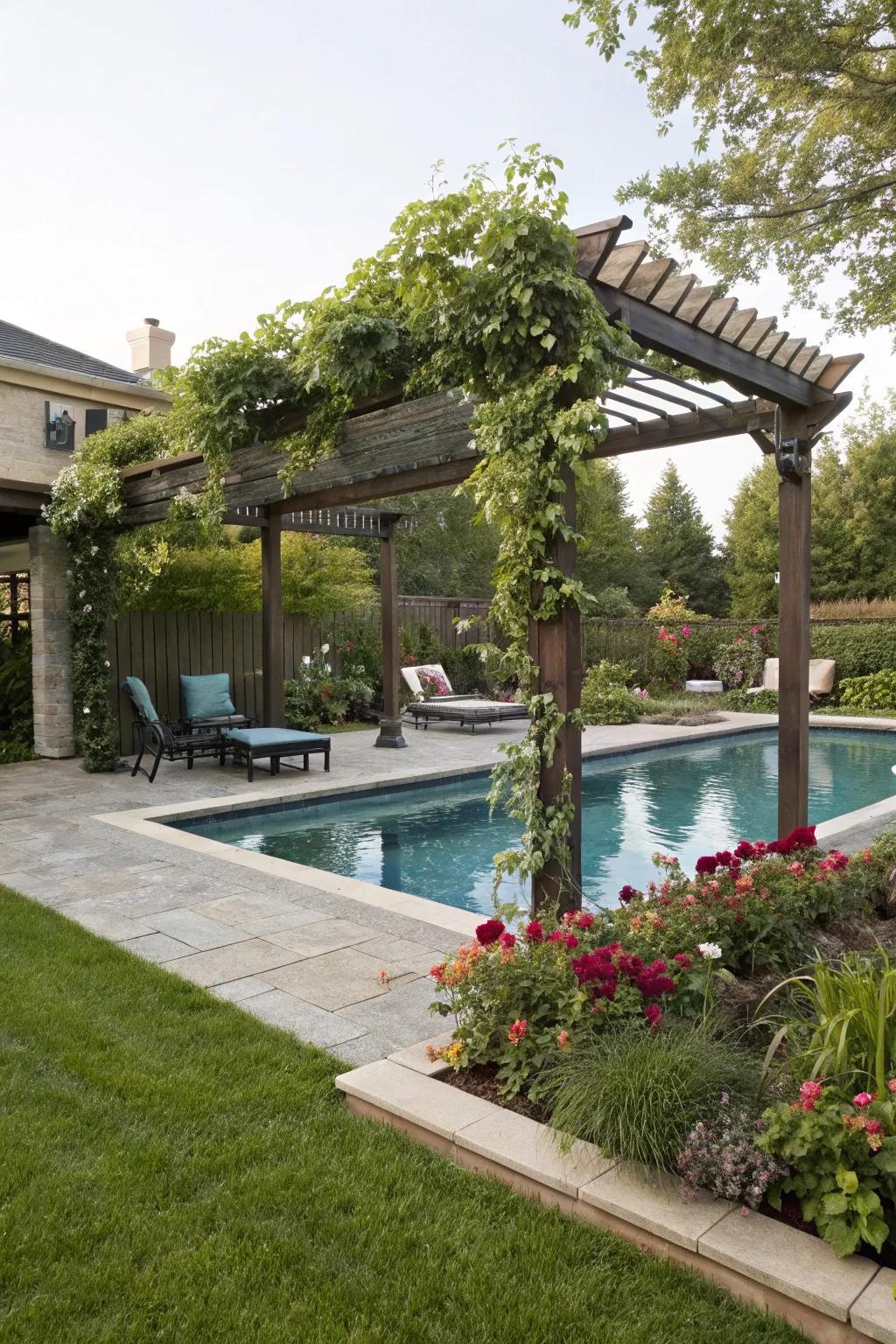A pergola provides shade and style, creating a perfect poolside retreat.