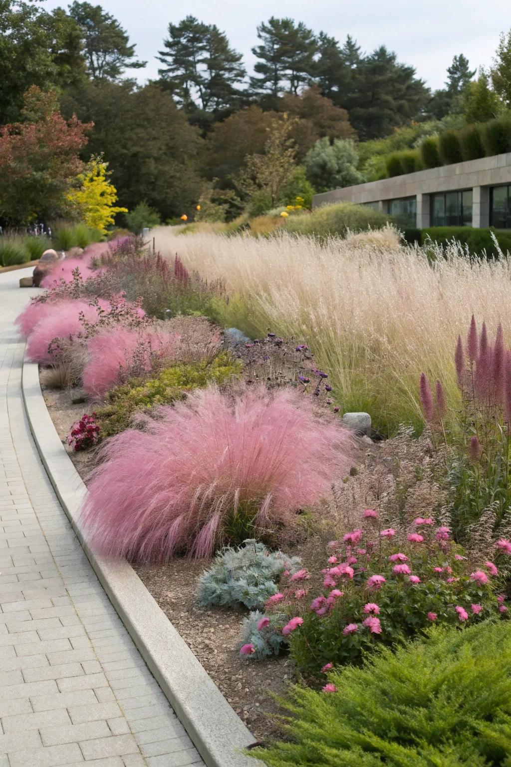 Add texture to mixed beds with pink muhly grass.