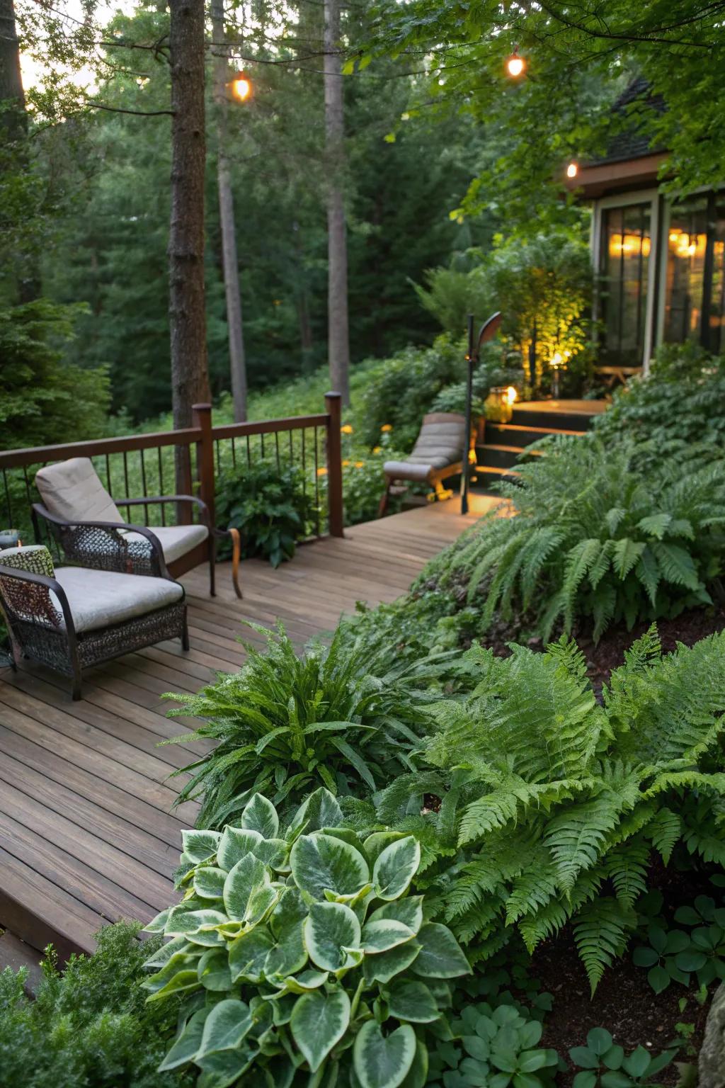Lush greenery offers a seamless transition to your deck.
