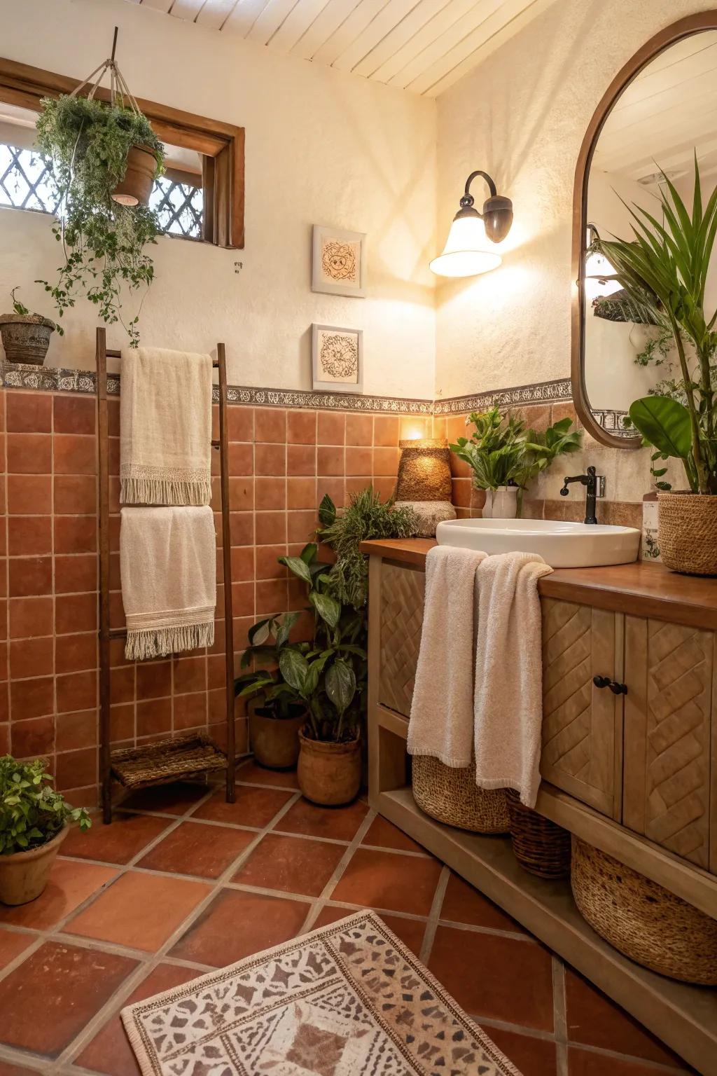 A warm and cozy bathroom featuring terracotta tiles.