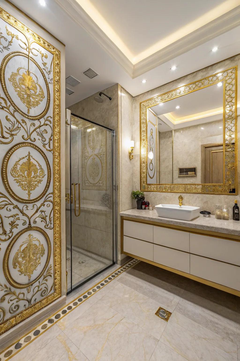 A bathroom with tiles adorned with gold accents.
