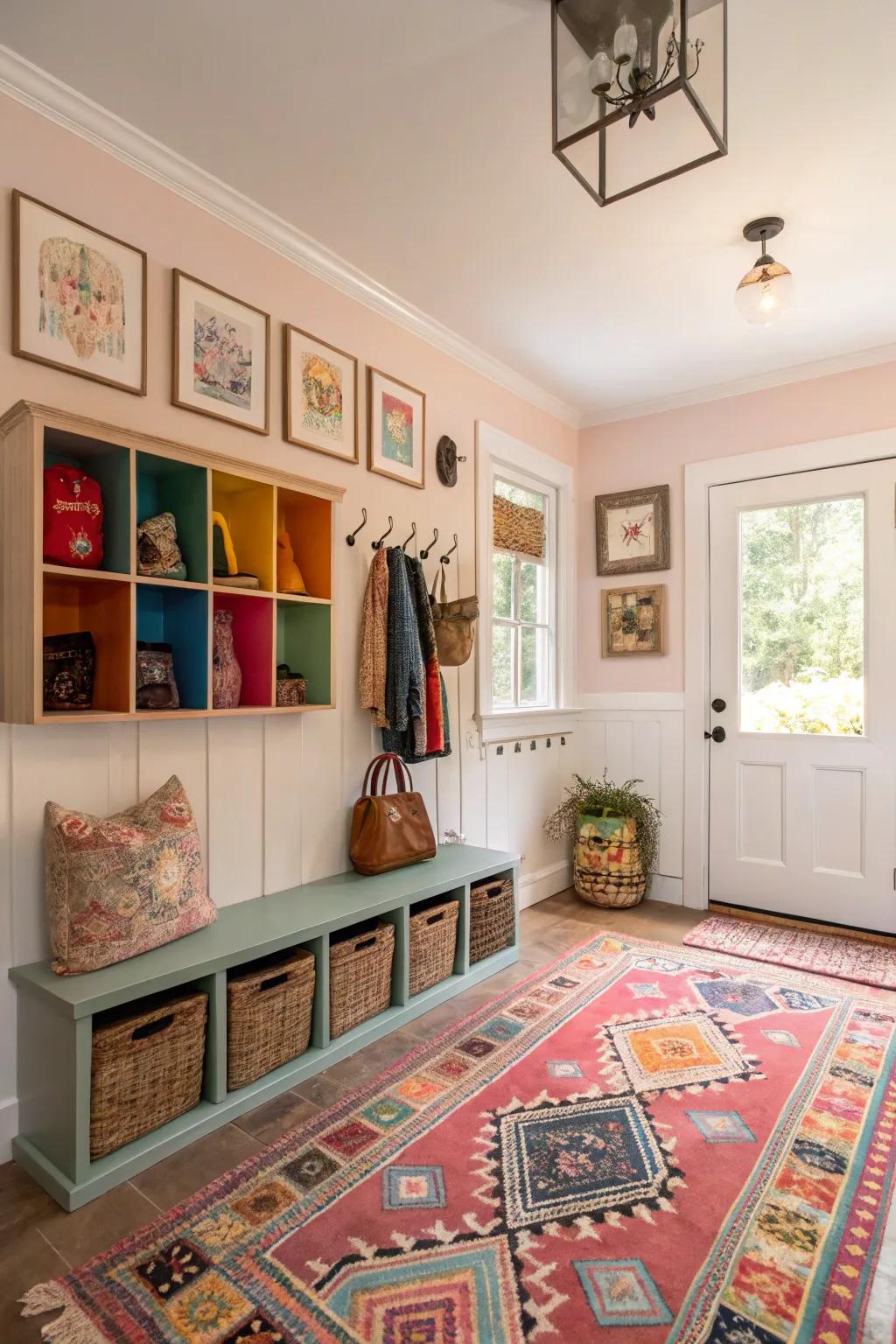 An eclectic mix of decor styles in a personalized mudroom.