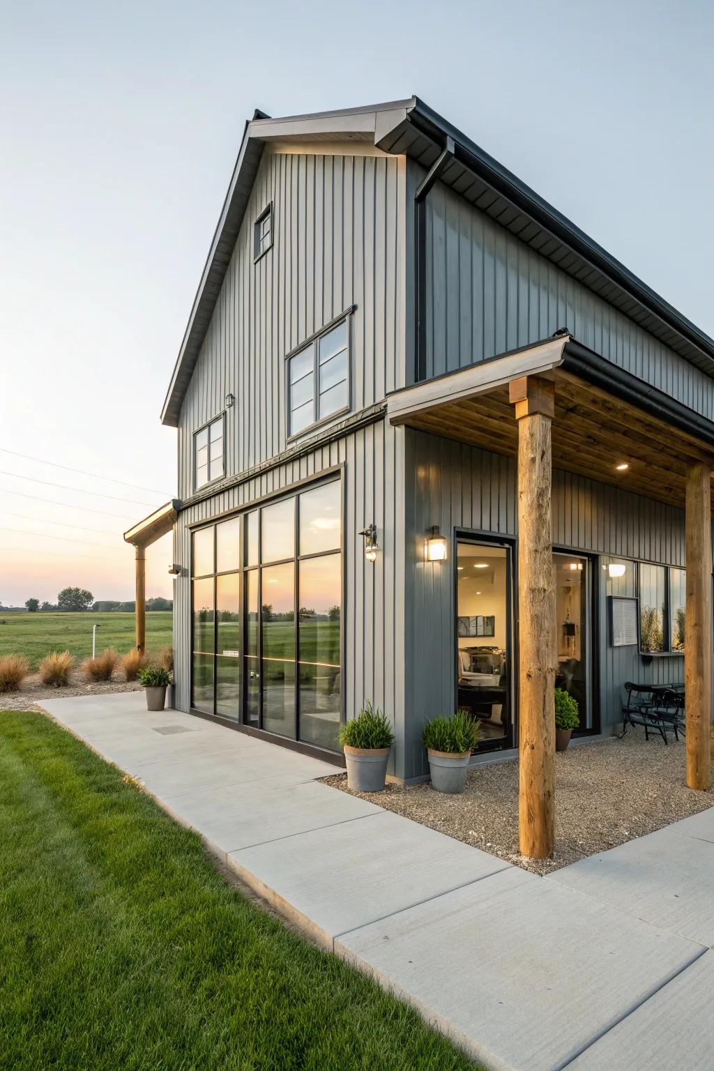 Modern barn aesthetics create an inviting and unique exterior.