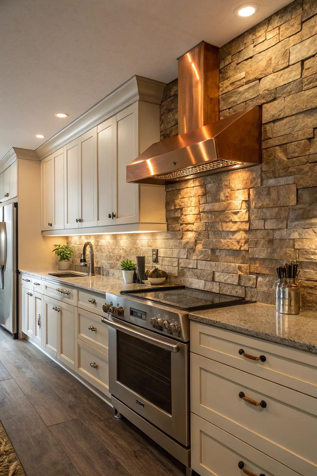 Stone backsplash paired with copper accents creates a unique contrast.